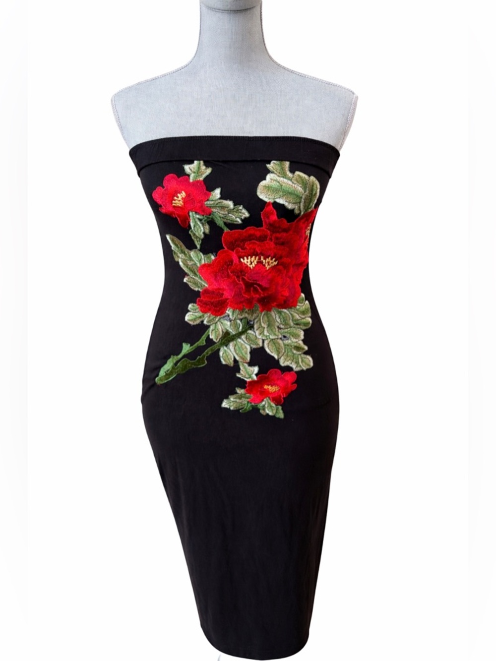Strapless Black Midi Bodycon Dress Red Floral Embroidery Tube Dress Many Many